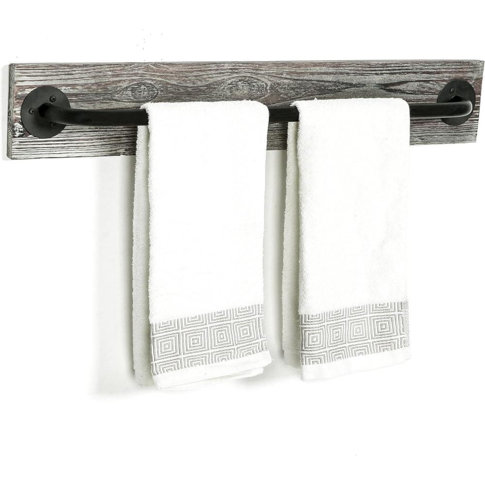 imageMyGift 20 Inch Towel Bar Premium Wall Mounted Bath Towel Hanger Rail Ultra Modern Minimalist Hotel Series Floating Bar for Hanging Bathroom Towels Black MetalTorched Wood