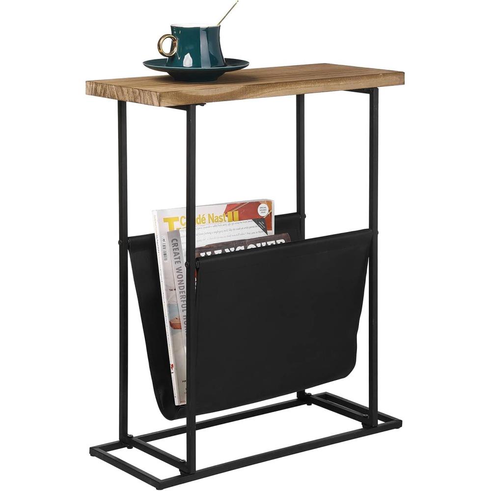 imageMyGift 21Inch Modern Narrow Living Room End Table with Solid Burnt Wood Tabletop and Black Metal Frame Bedroom Nightstand Side Table with Magazine Holder SlingBurnt Wood