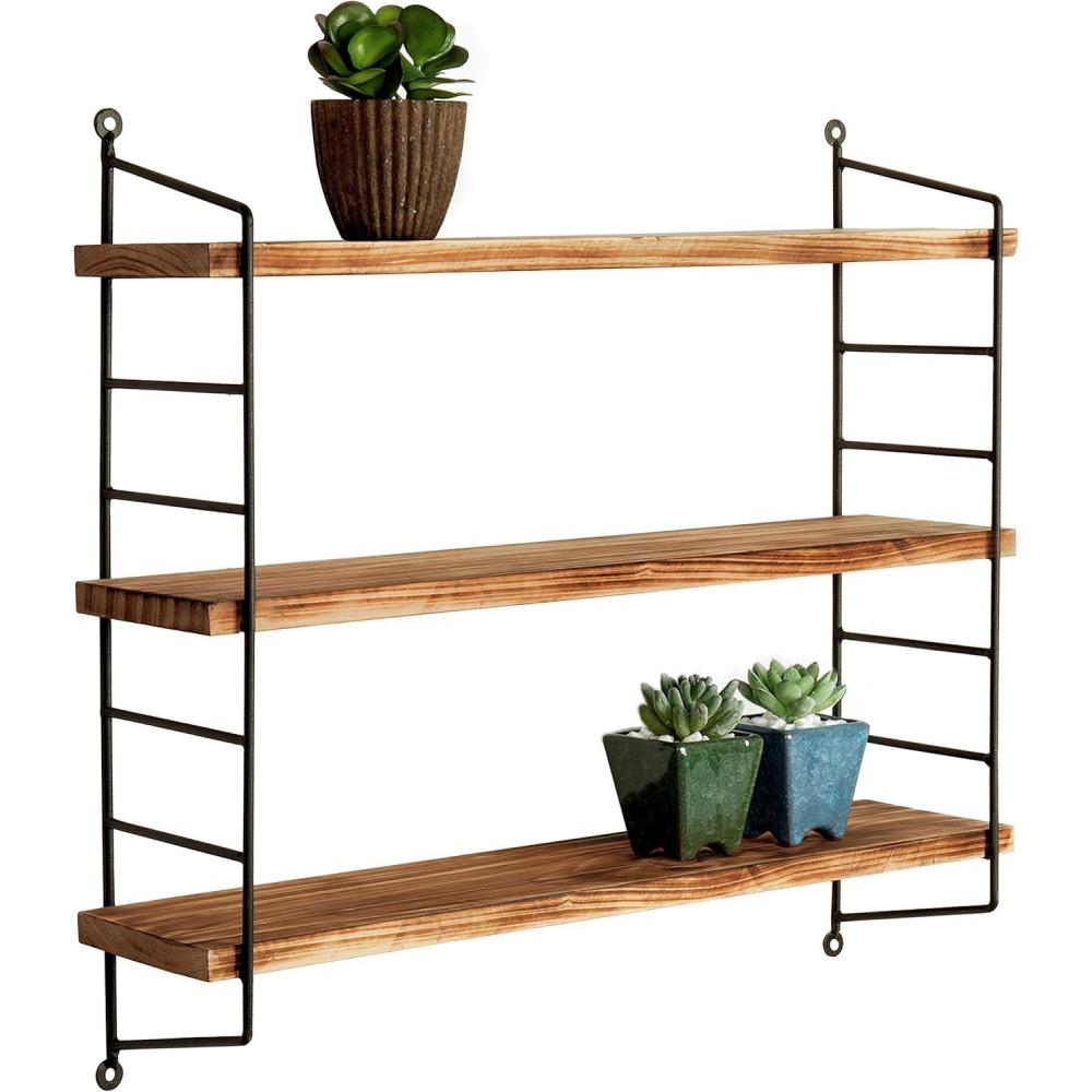 imageMyGift 23Inch Modern Floating Shelves Industrial Metal and Rustic Burnt Brown Wood Adjustable Wall Mounted 3Tier Display Shelf Unit Rack