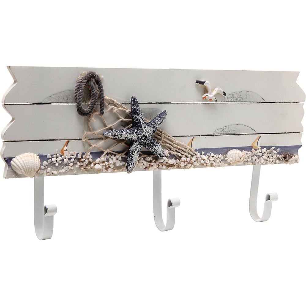 imageMyGift 3 Hook Coastal Style Wall Mounted Entryway Coat Rack Decorative Nautical Beach Starfish and Seashell Theme Wood Panel with White Metal Jacket Hanging Hooks
