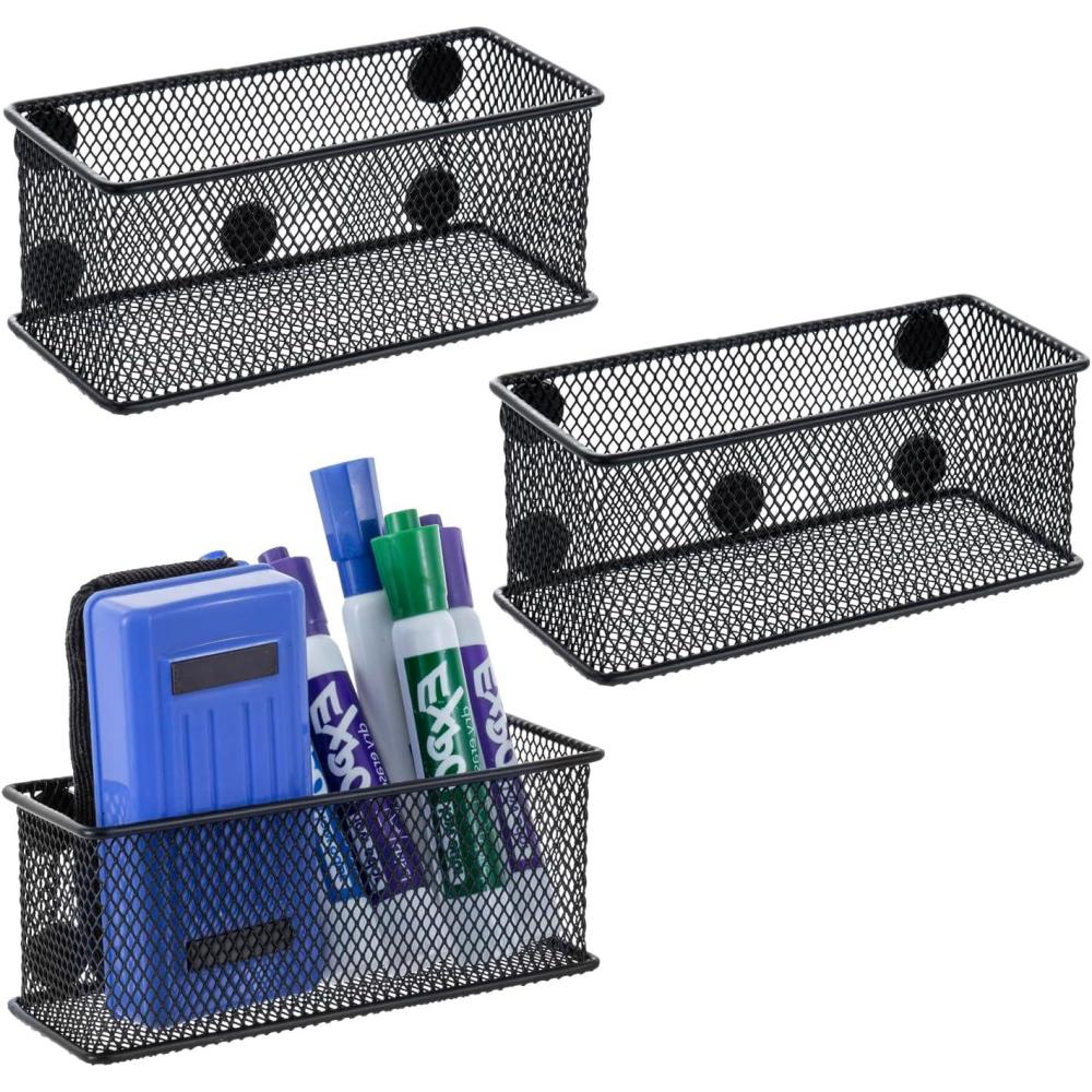imageMyGift 3 Pack Black Metal Wire Mesh Magnetic Marker Holder for Whiteboard Office Desktop Supply Organizer Basket for Pens Pencils and AccessoriesBlack