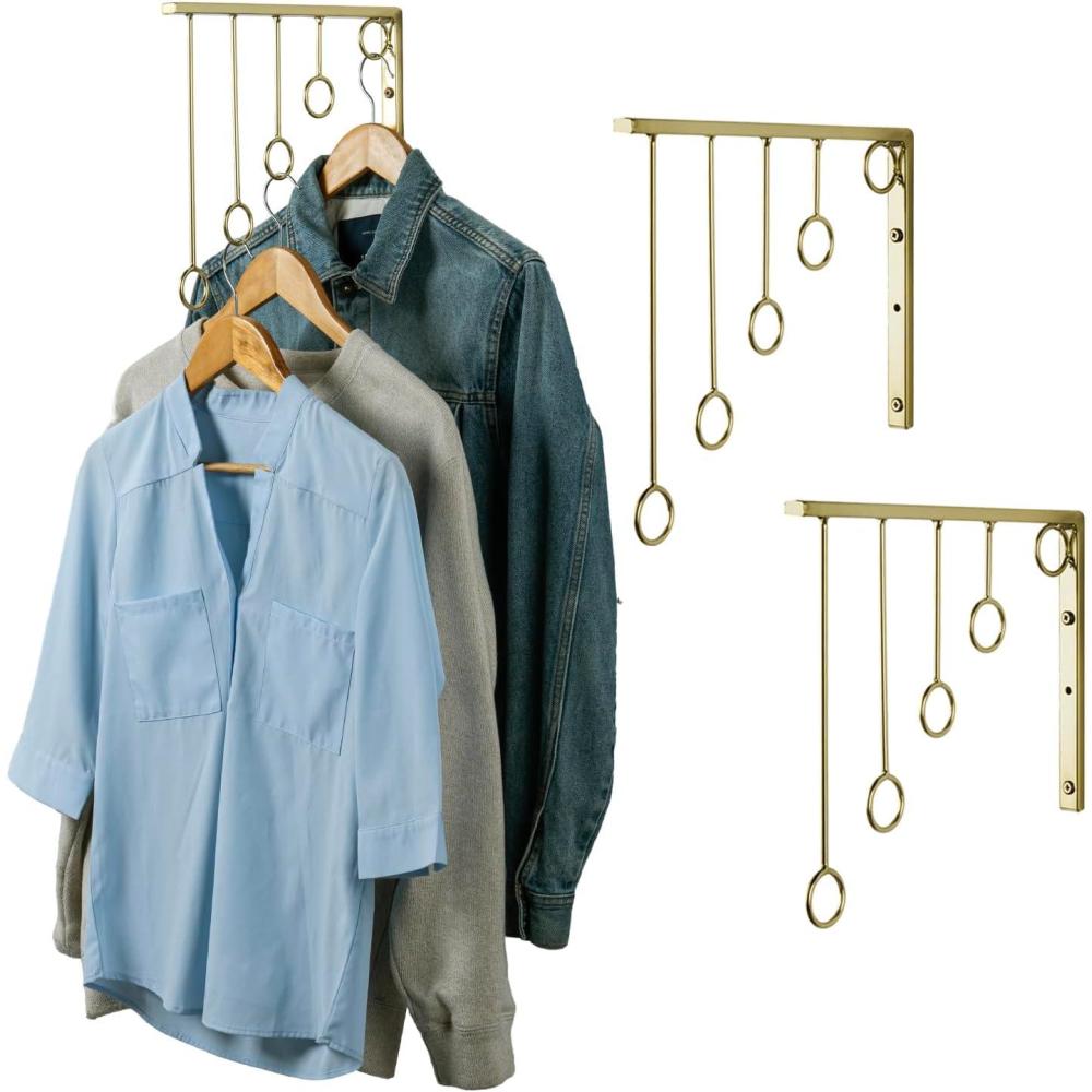imageMyGift 3 Pack Wall Mounted Black Metal Garment Rack with 5 Hanging Rings Sturdy for Clothing Display Retail Clothing Organizer Wall Hanger for Clothes Coat Hanger for Entryway Mudroom BedroomGold