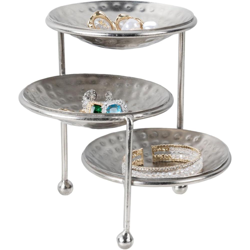 imageMyGift 3 Tier Jewelry Dish Organizer 4 Inch Hammered Silver Metal Dishes and Stand Decorative Ring Tray Jewelry Holder Display Tower for Earrings Necklace Bracelet Handcrafted in IndiaSilver
