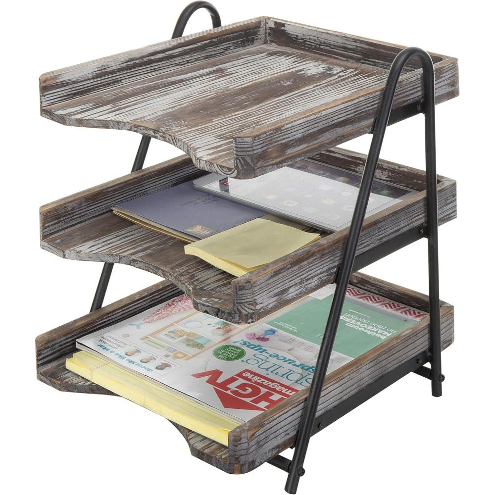 imageMyGift 3 Tier Rustic Torched Wood Letter Tray Desktop Organizer with Black Metal Stand Office Desk Paper Document Sorter Wooden Upright Filing Folder RackTorched Wood