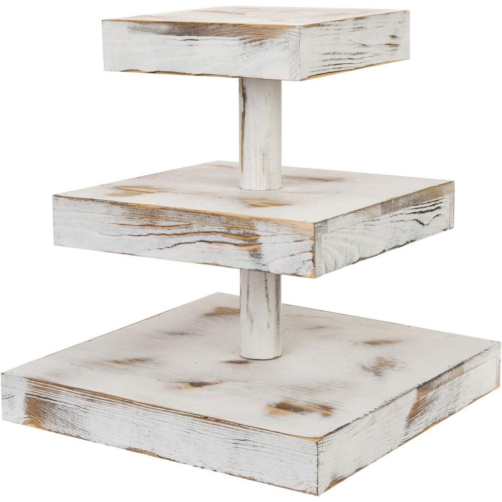 imageMyGift 3 Tier Rustic Torched Wood Square Cupcake Tower and Cake Stand Tiered Wooden Dessert Serving Tray Appetizer Display Riser Tea Party Table DecorWhitewashed Wood