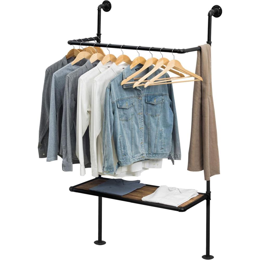 imageMyGift 38 Inch Industrial Black Metal Pipe Wall Mounted Clothing Freestanding Garment Rack Retail Merchandise Display with Rustic Burnt Wood Storage Shelf