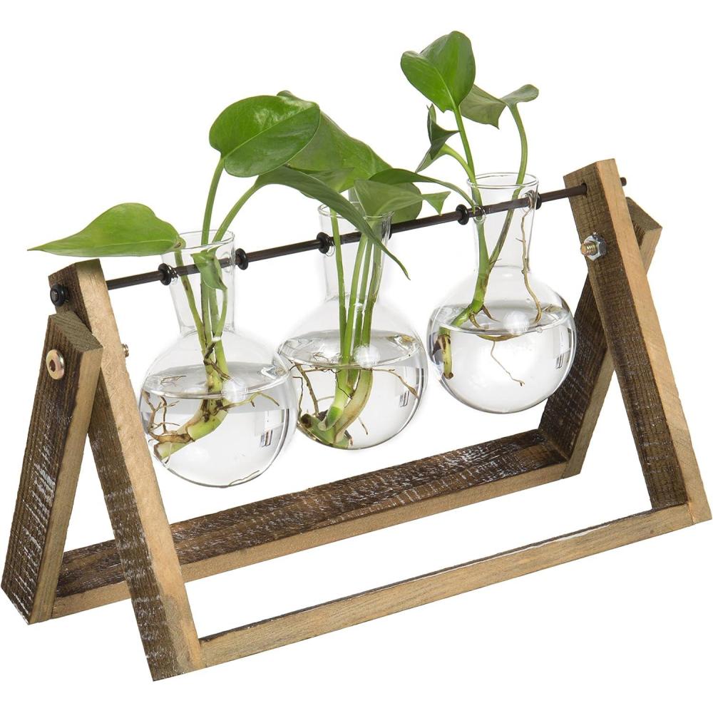 imageMyGift 3Glass Planter Bulb Vases Hydroponic Plant Terrarium with Wood ampamp Metal Swivel Stand