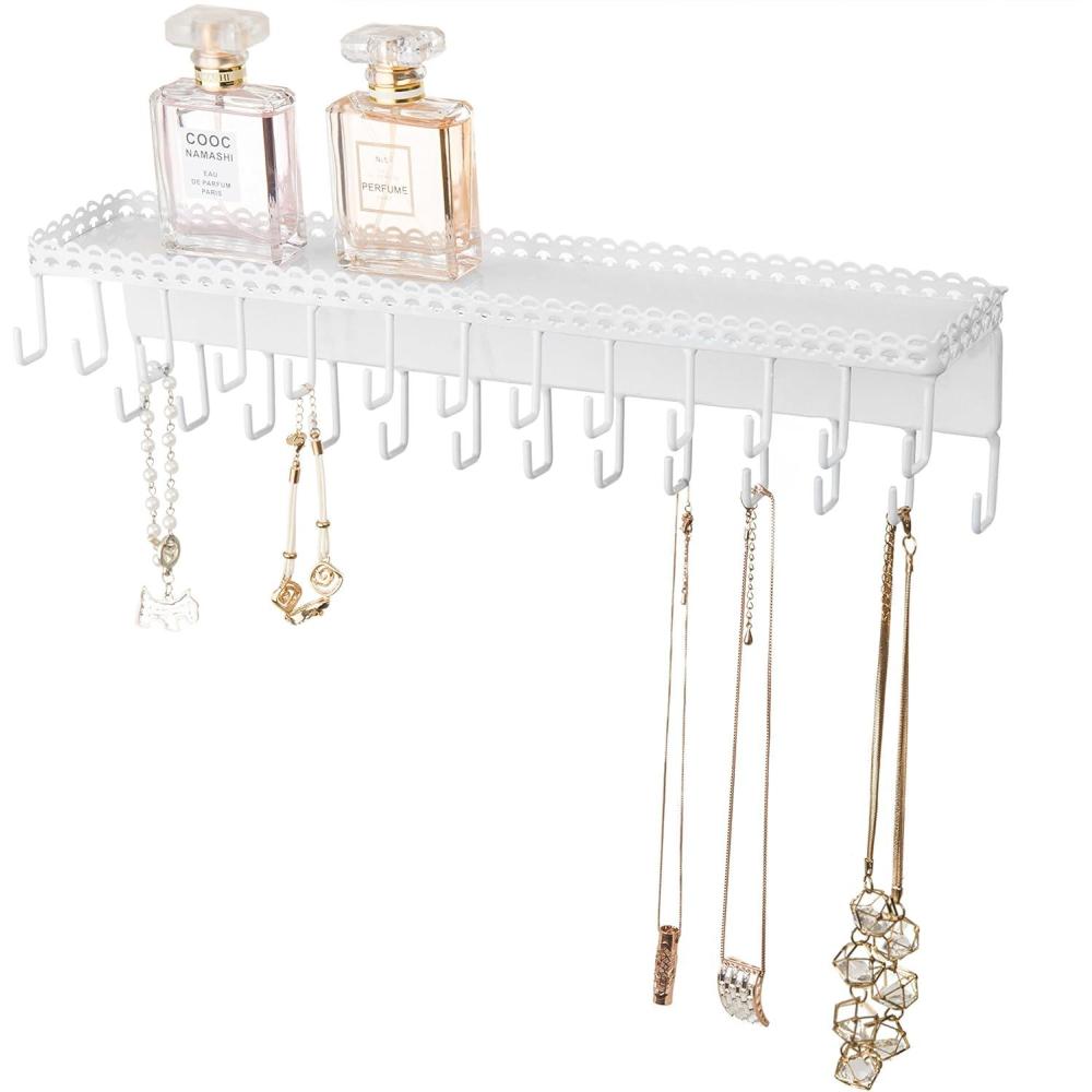 imageMyGift 3Piece Wall Jewelry Organizer WallMounted Rustic Wood and Gold Tone Metal 24 Hook Necklace and Bracelet Storage Rack with Hanging Earring BarMatte WhiteSet of 1