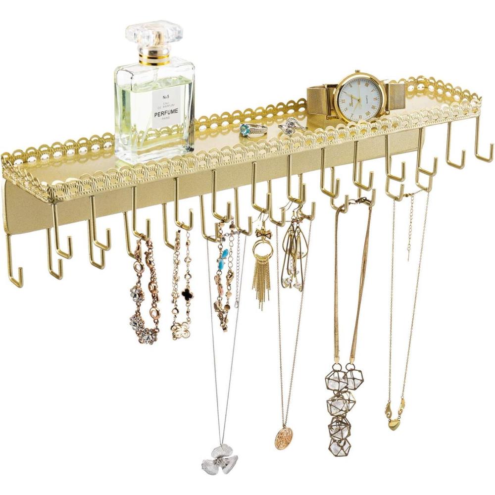 imageMyGift 3Piece Wall Jewelry Organizer WallMounted Rustic Wood and Gold Tone Metal 24 Hook Necklace and Bracelet Storage Rack with Hanging Earring BarSatin Gold