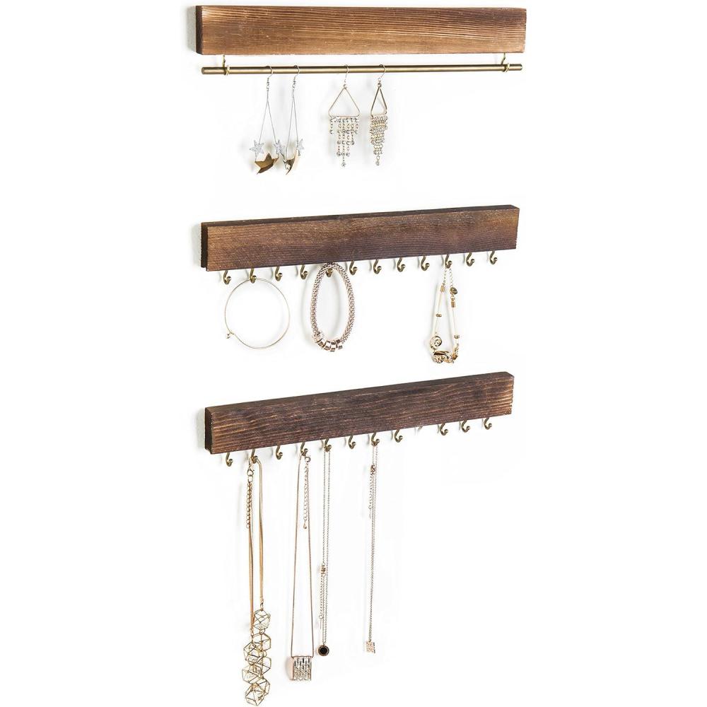 imageMyGift 3Piece Wall Jewelry Organizer WallMounted Rustic Wood and Gold Tone Metal 24 Hook Necklace and Bracelet Storage Rack with Hanging Earring BarWOOD3Piece