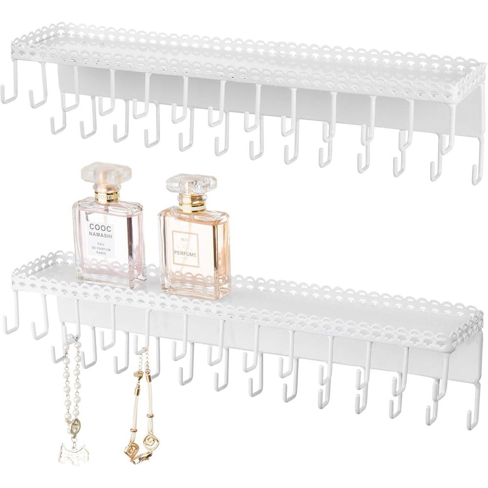 imageMyGift 3Piece Wall Jewelry Organizer WallMounted Rustic Wood and Gold Tone Metal 24 Hook Necklace and Bracelet Storage Rack with Hanging Earring BarWhiteSet of 2