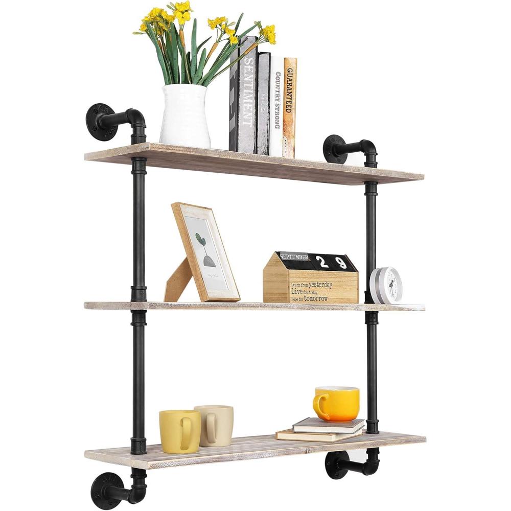 imageMyGift 3Tier Rustic Wood Wall Mounted Floating Display Shelf with Black Industrial Style Pipe Brown