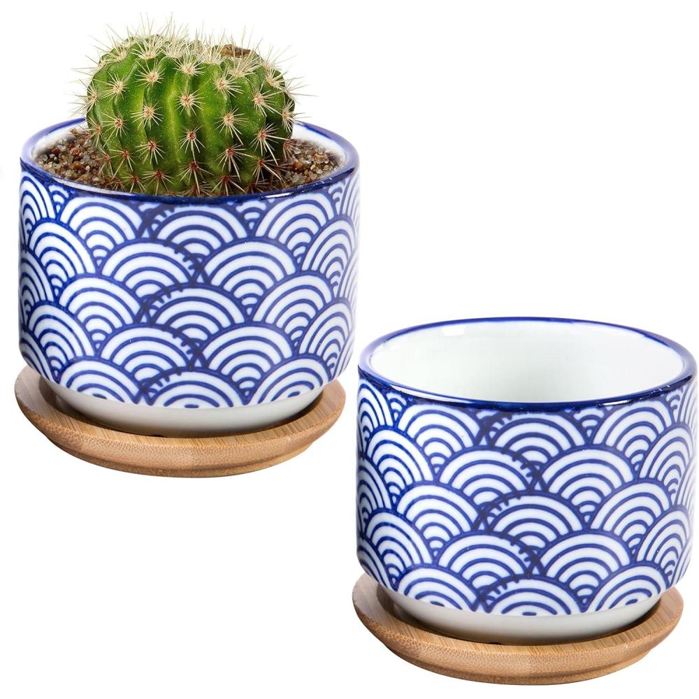 imageMyGift 3inch Ceramic Small Indoor Plant Pot with Drainage and Bamboo Saucer Succulent Planter Pots with White and Blue Japanese Wave Design Set of 2