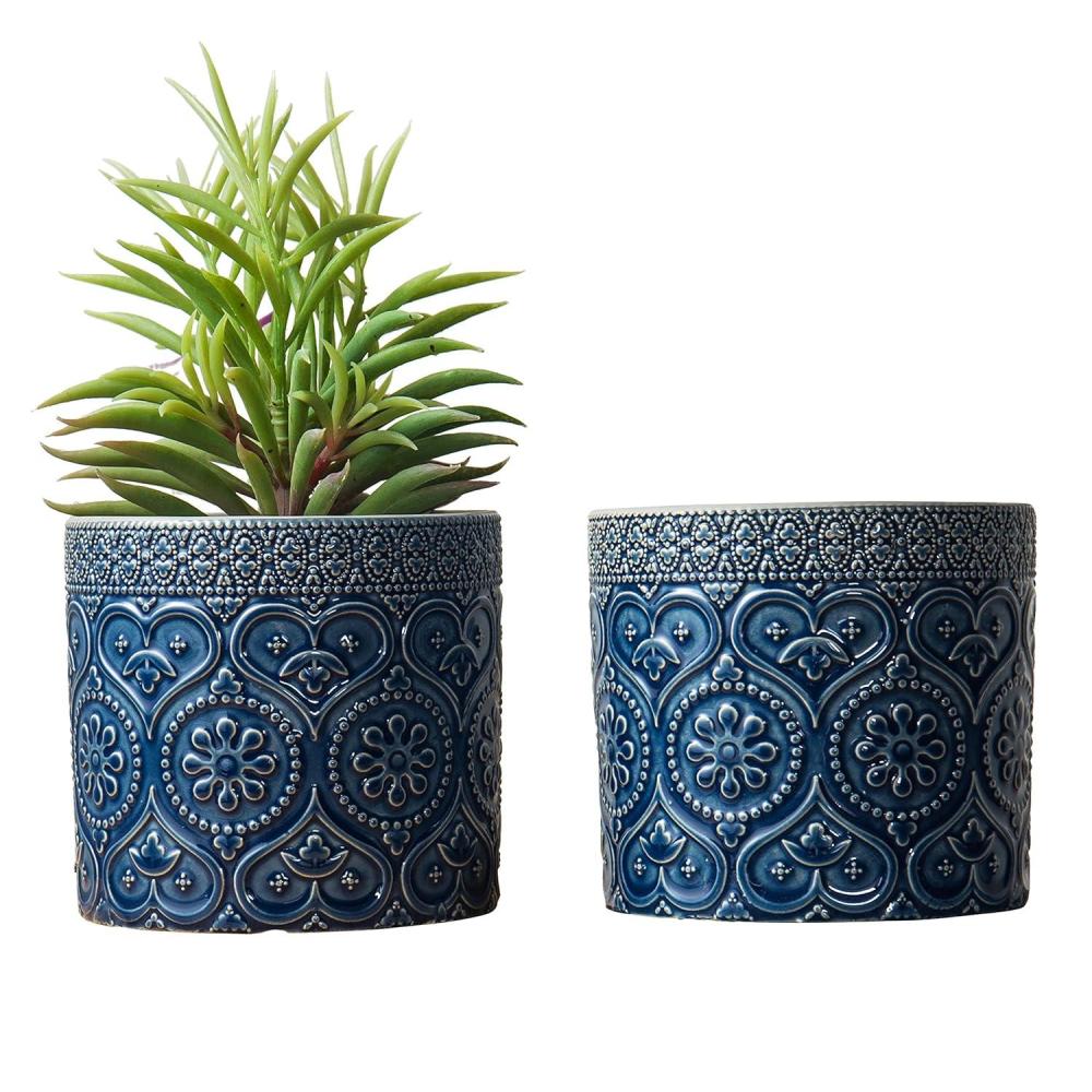 imageMyGift 4 Inch Cobalt Blue Ceramic Indoor Small Planter Vase Succulent Plant Pot with Embossed Design and Solid Bottom Set of 2Blue