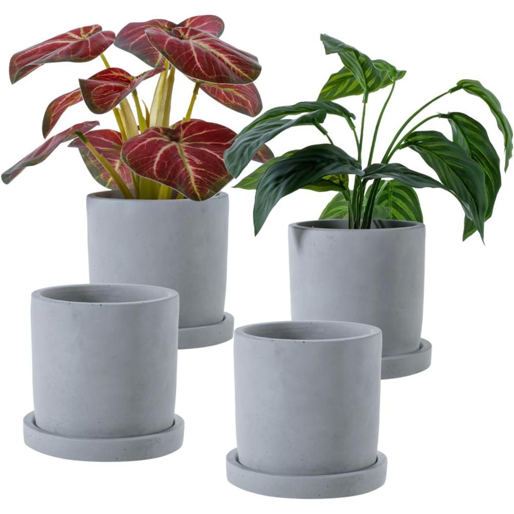 imageMyGift 4 Inch Unglazed Gray Concrete Planter Cylindrical Cactus Herb Succulent Planter Pots with Removable Drainage Trays Set of 445 Inch Set of 4