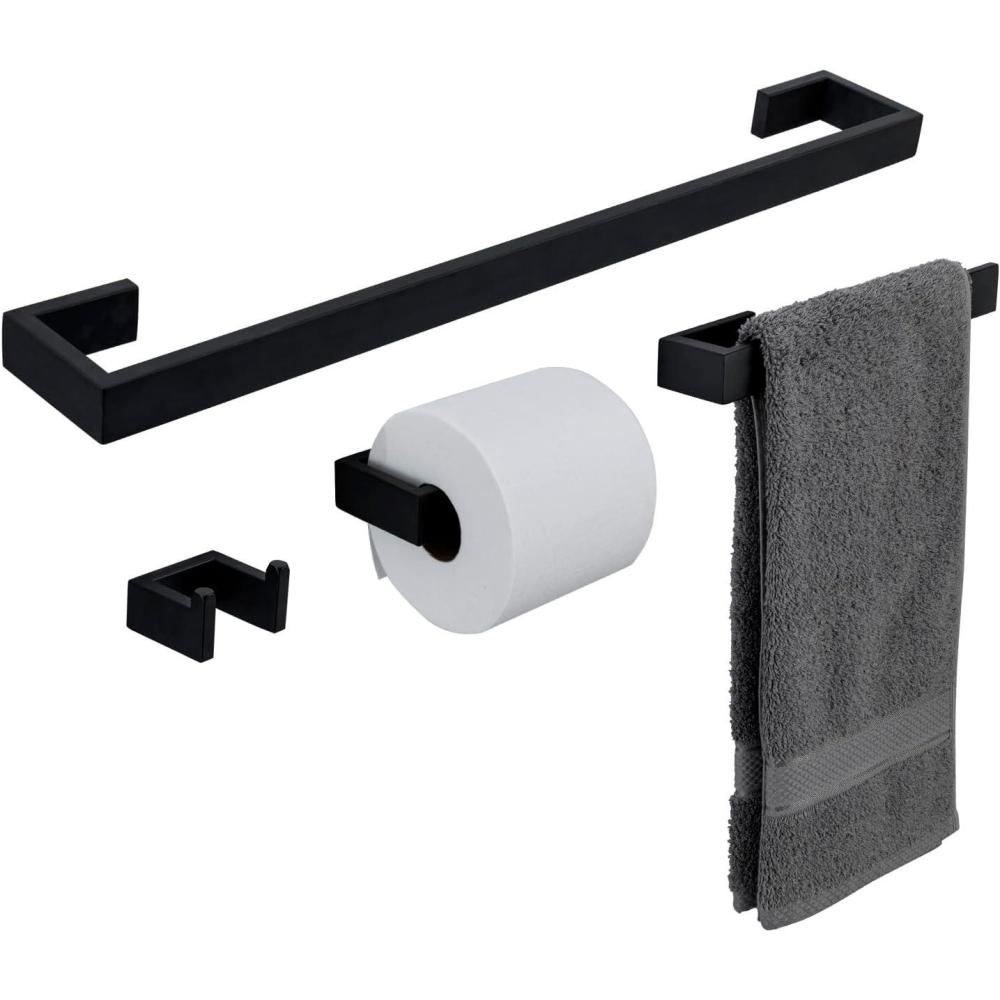 imageMyGift 4 Pc Modern Matte Black Bathroom Hardware Accessory Set Premium Hotel Series Wall Mounted Commercial Grade Bath Towel Bar Toilet Paper Holder Hand Towel Bar Robe Hook