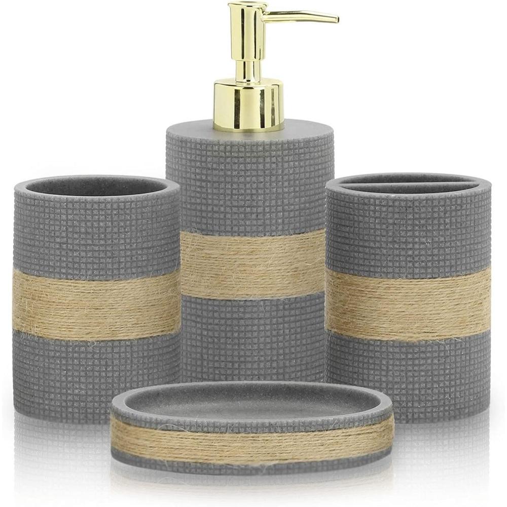 imageMyGift 4 Piece Modern Gray Bathroom Countertop Accessories Set with Rope Wrapped Design Includes Lotion or Liquid Soap Pump Dispenser Toothbrush Holder Tumbler and Soap Dish