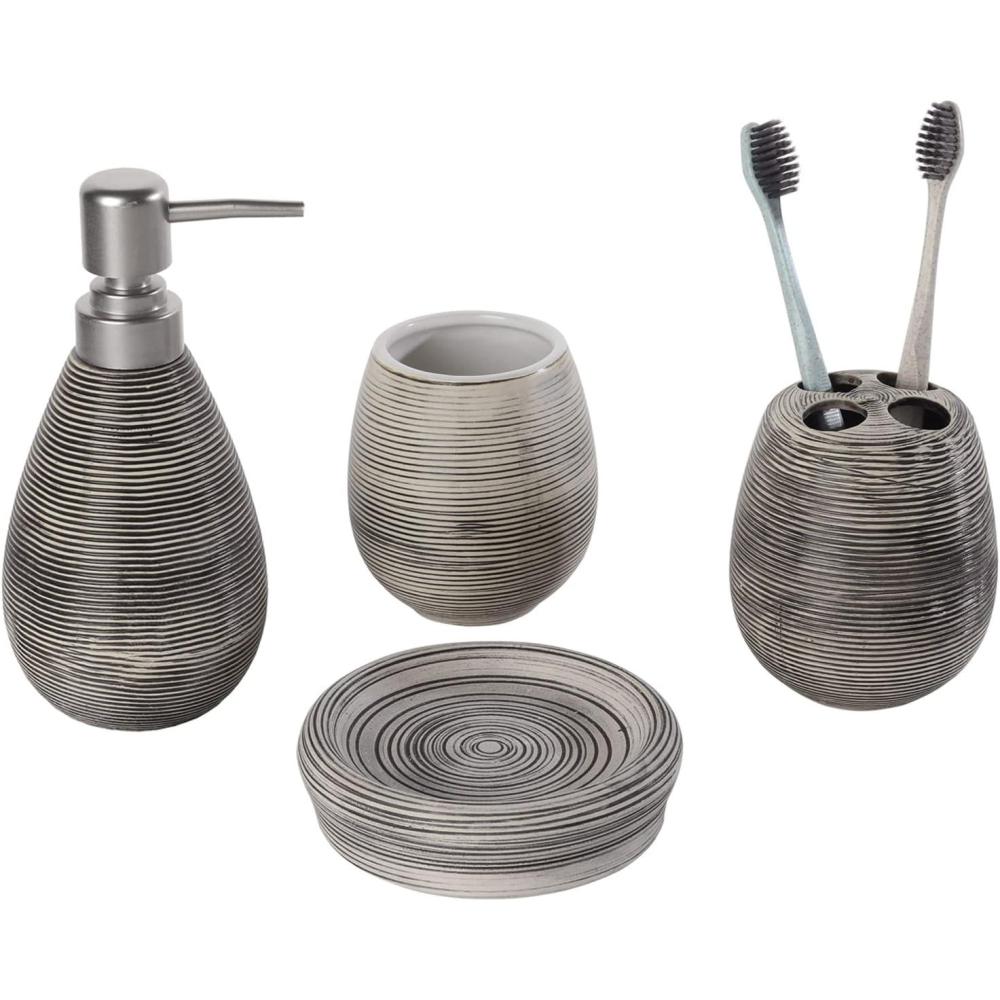 imageMyGift 4 Piece Textured Ceramic Brown Bathroom Accessory Set Includes Soap Dish Dispenser Toothbrush Holder and Tumbler