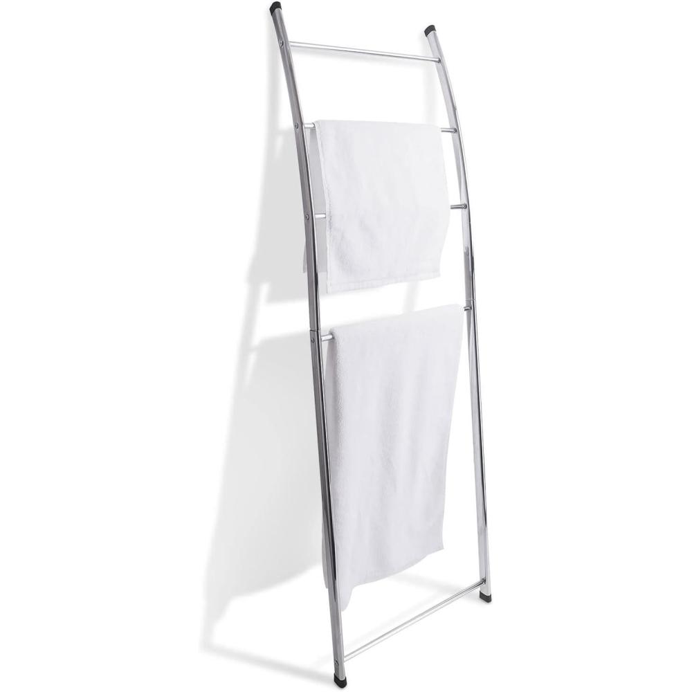 imageMyGift 4 Rung Silver Chrome Plated Metal Wall Leaning Bath Towel Storage Ladder Freestanding Bathroom Drying Rack for Towels with Top and Bottom Non Slip Rubber Feet