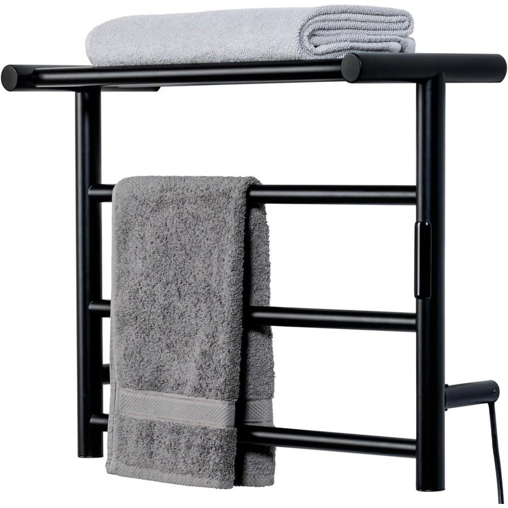 imageMyGift 4 Tier Wall Mounted Bath Towel Warmer Rack Premium Hotel Series Matte Black Stainless Steel Hot Towel Holder Hanger Bar with Storage Shelf and LED Temperature Timer Control