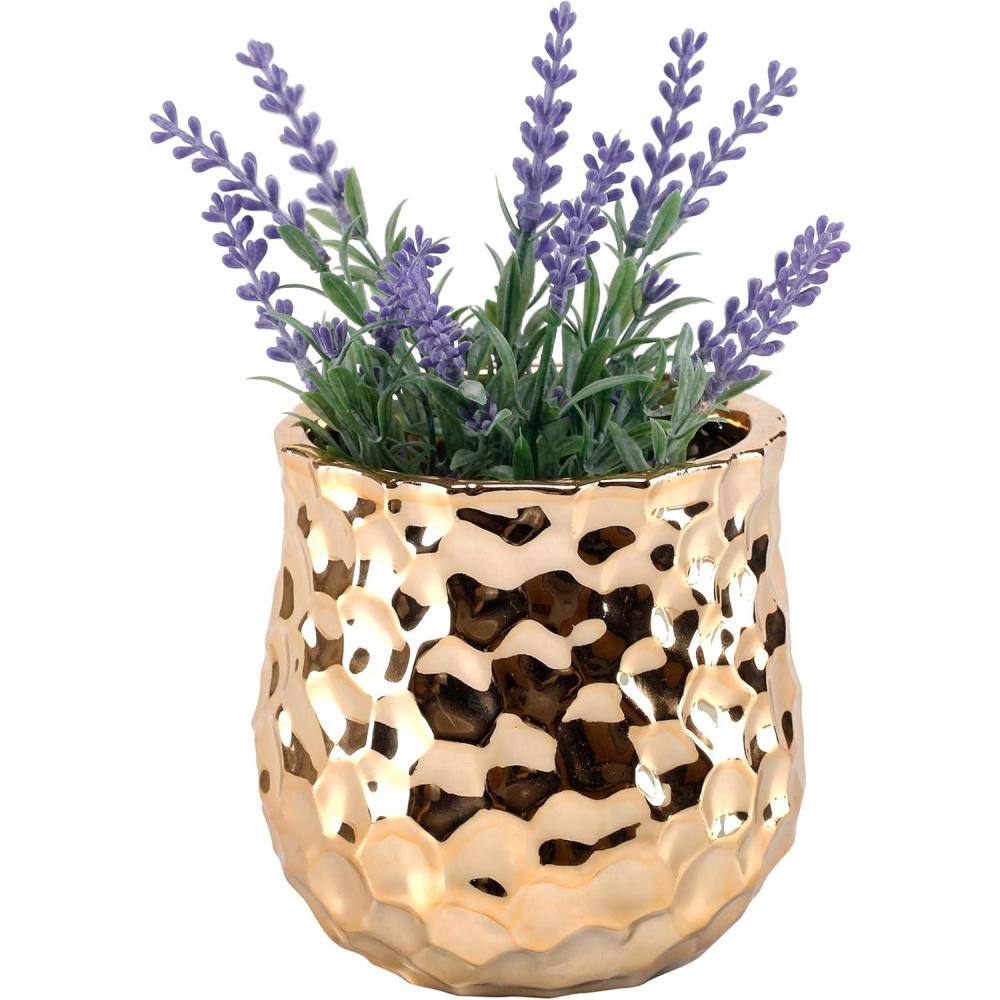 imageMyGift 4Inch Ceramic Flower Plant Vase with Metallic GoldTone Finish and Hammered Texture Handcrafted in India