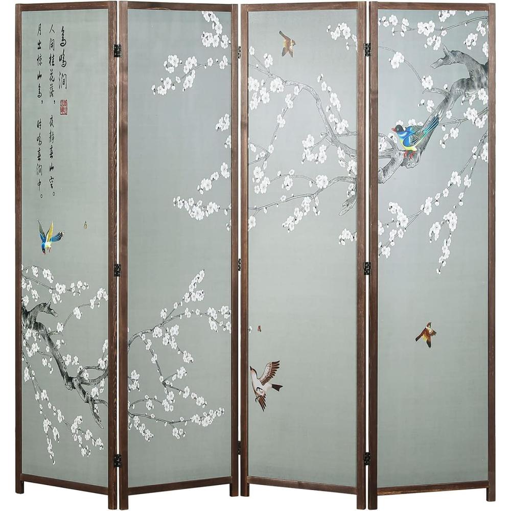 imageMyGift 4Panel AsianInspired Folding Room Divider with Cherry Blossom Tree ampamp Bird Design Poetry Calligraphy and Brown Wooden Frame 78W x 705H6FT