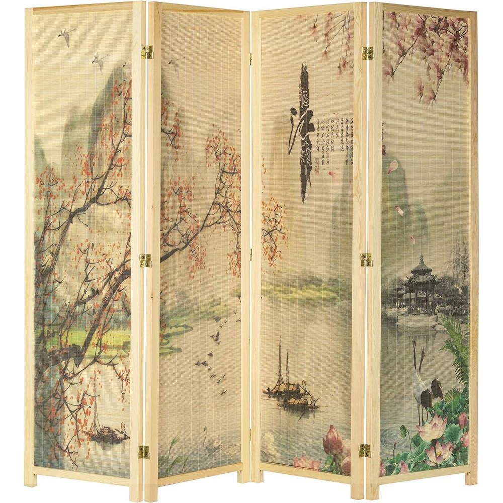 imageMyGift 4Panel Folding Bamboo Room Divider AsianInspired Cherry Blossom Scene 6 FT Freestanding Floral Artwork Room Partitioner with Beige Wood FrameBeige