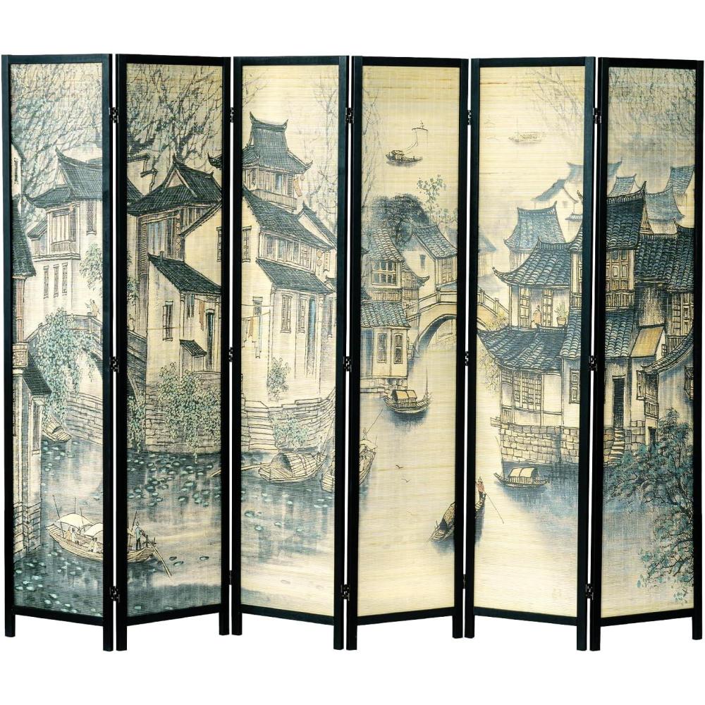 imageMyGift 4Panel Folding Bamboo Room Divider AsianInspired Cherry Blossom Scene 6 FT Freestanding Floral Artwork Room Partitioner with Beige Wood FrameBlack Wood