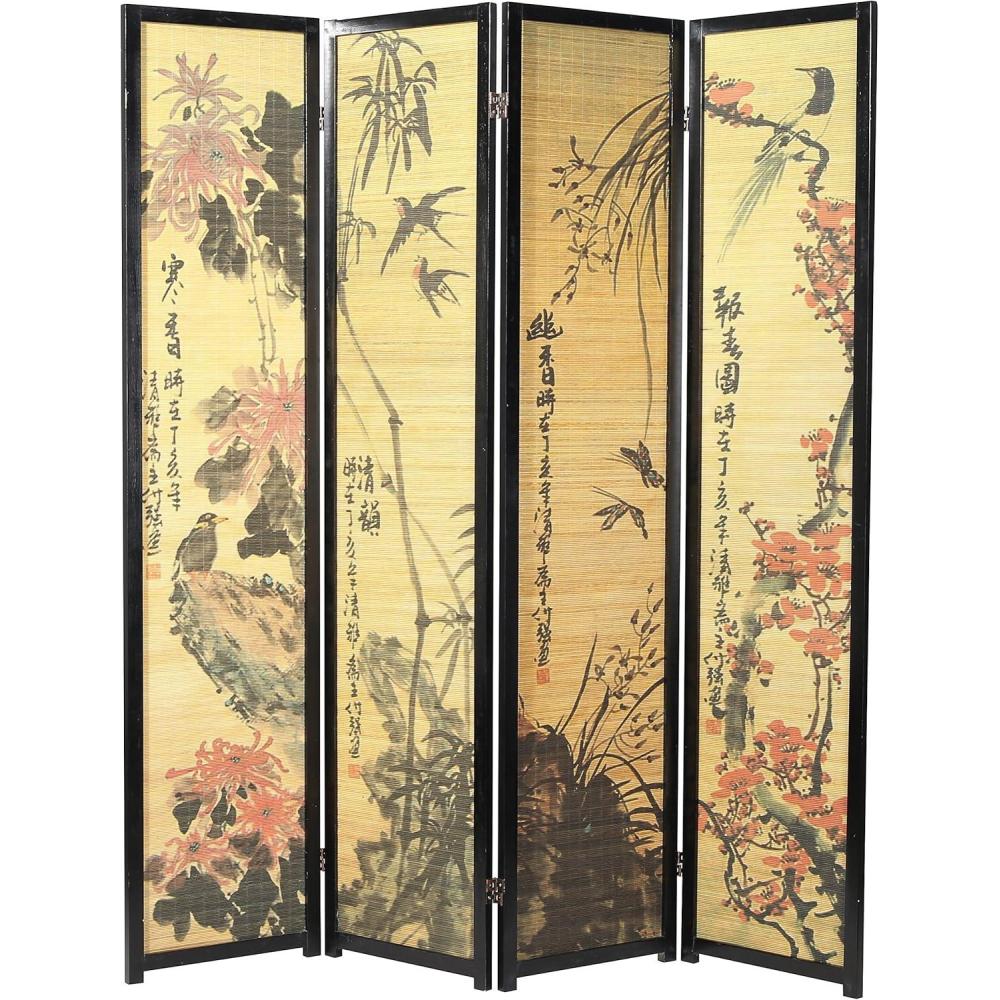 imageMyGift 4Panel Folding Bamboo Room Divider AsianInspired Cherry Blossom Scene 6 FT Freestanding Floral Artwork Room Partitioner with Beige Wood FrameBlack
