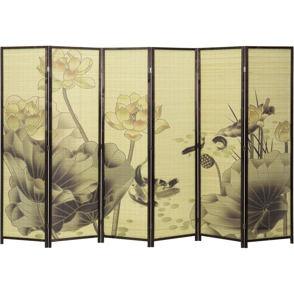 imageMyGift 4Panel Folding Bamboo Room Divider AsianInspired Cherry Blossom Scene 6 FT Freestanding Floral Artwork Room Partitioner with Beige Wood FrameBrown