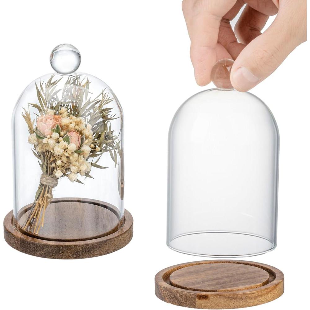 imageMyGift 5 Inch Mini Clear Glass Bell Display Cloches with Premium Acacia Solid Wood Base Decorative Dome Cover Stands for Small Heirloom Jewelry Curios Keepsakes Set of 2