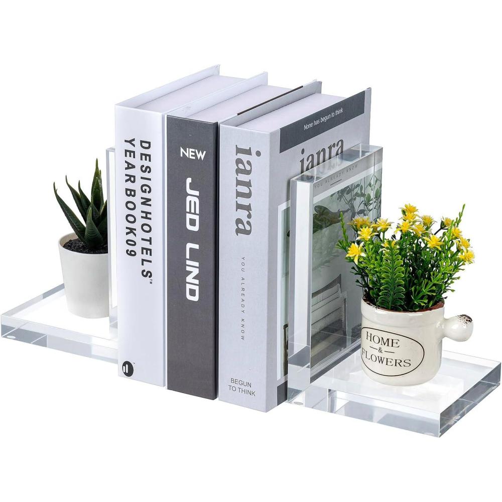 imageMyGift 5 Inch Premium Hotel Style Clear Thick Acrylic Triangle Shaped Bookends Decorative Transparent Triangular Book Stands for Home Office School Desk or Shelf 1 PairAcrylic