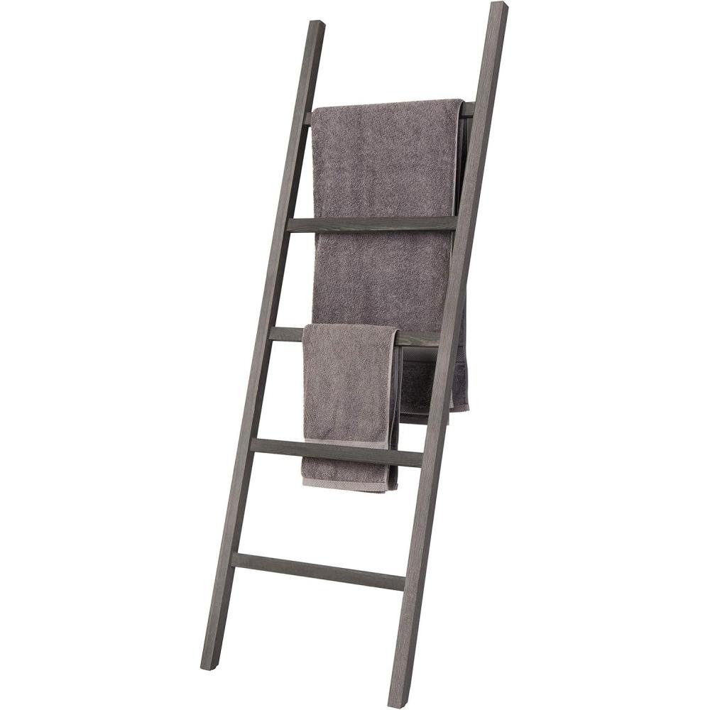 imageMyGift 5 ft Dark Grey Rustic Barnwood WallLeaning Towel Ladder Rack