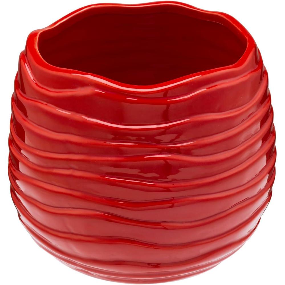 imageMyGift 55 Inch Modern Red Ceramic Plant Pot with Drainage Hole and Decorative Wavy Design Small Succulent Planter ContainerRed