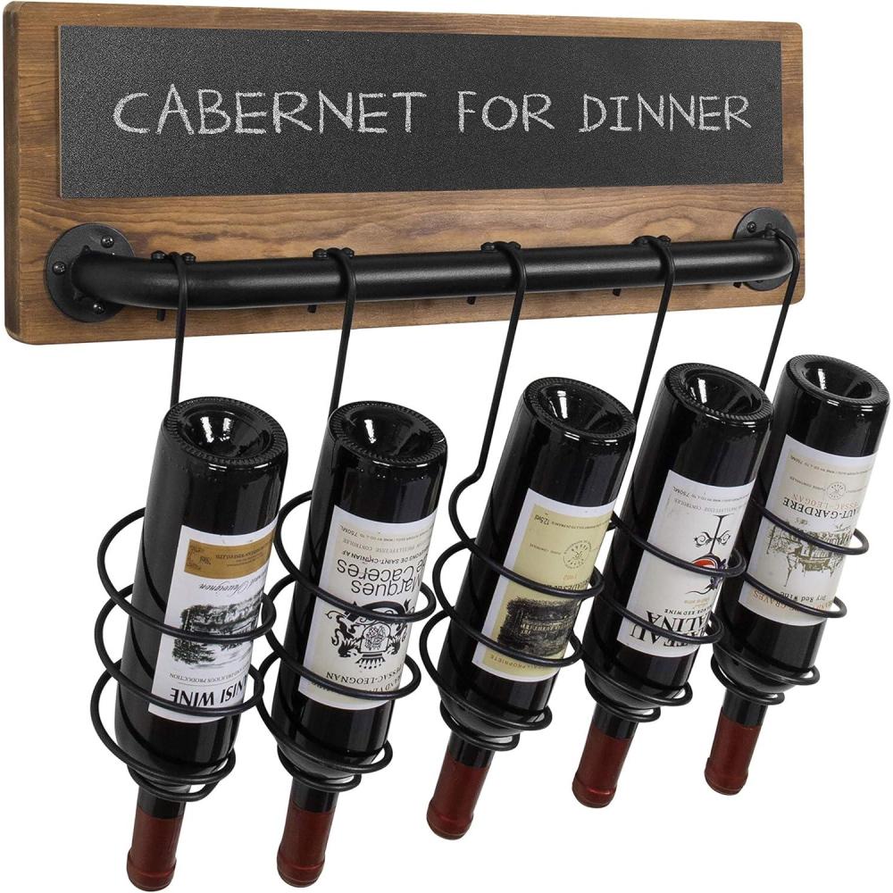 imageMyGift 5Bottle Industrial Wood ampamp Pipe Design Wall Mounted Wine Bottle Rack with Chalkboard Label