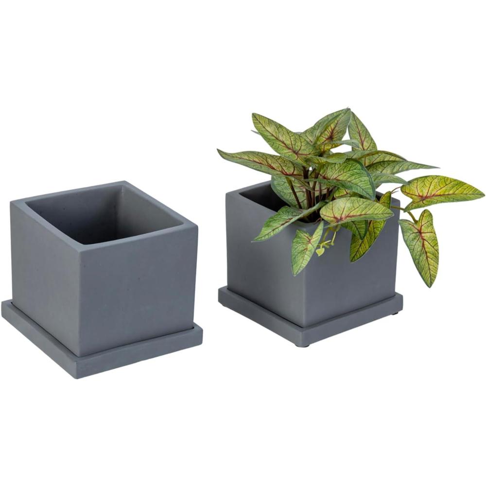 imageMyGift 5Inch Square Light Gray Cement Plant Pot with Drainage Small Flower Succulent Planters with Removable Saucer Trays Set of 2Dark Gray