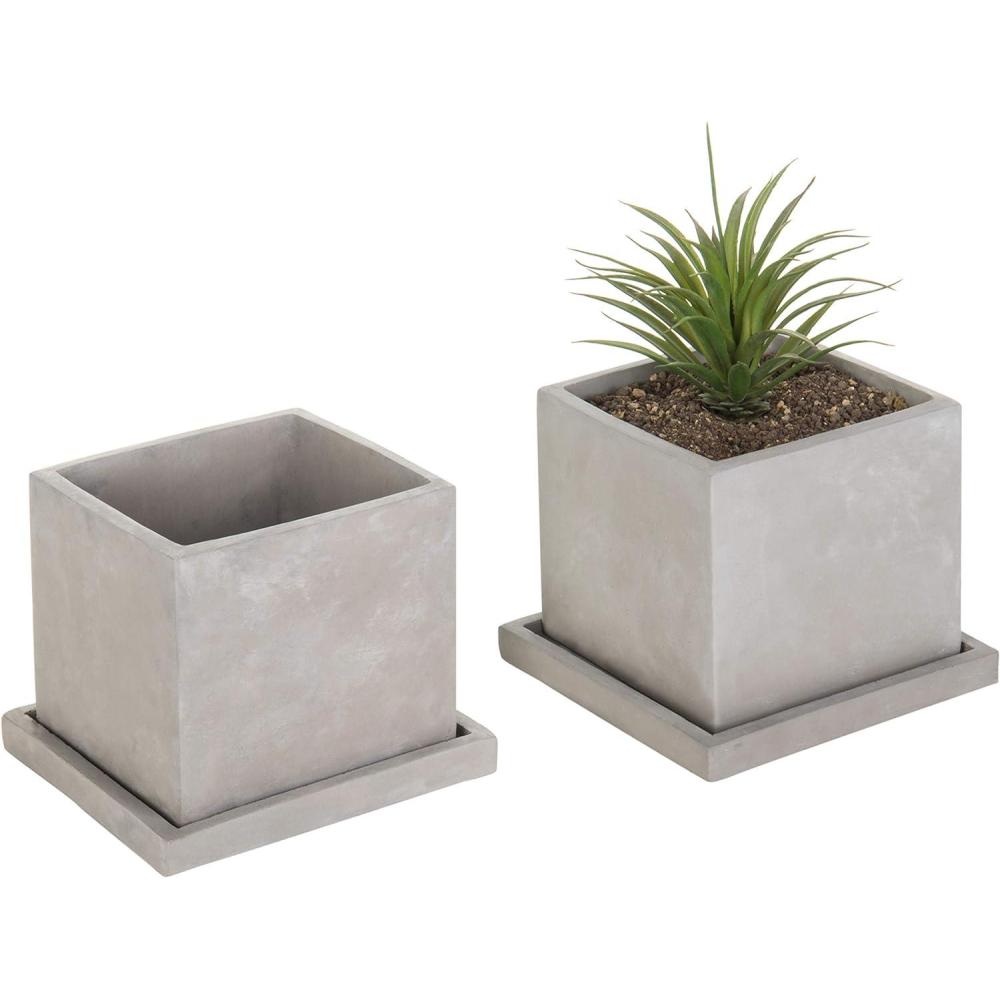 imageMyGift 5Inch Square Light Gray Cement Plant Pot with Drainage Small Flower Succulent Planters with Removable Saucer Trays Set of 2Light Gray