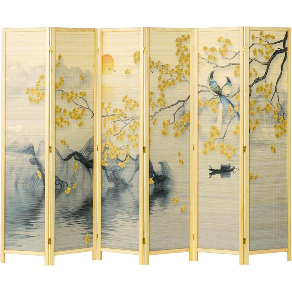 imageMyGift 6 Panel Large Bamboo Room Divider with Dual Sided Asian Birds Gingko Biloba Tree Sunset Design Print 6FT Freestanding Artwork Privacy Partition Folding Screen with Beige Solid Wood Frame