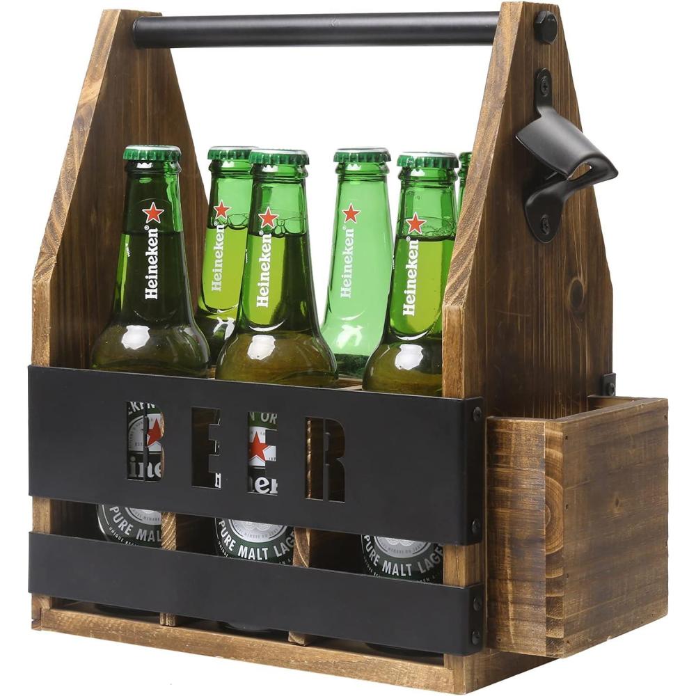 imageMyGift 6 Slot Rustic Burnt Wood Beer Caddy with Bottle Opener and Cap Catcher and Industrial Black Metal BEER Cutout Design