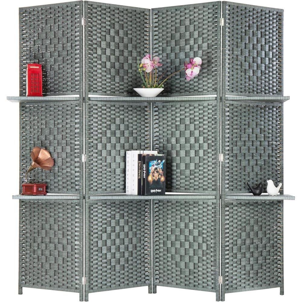 imageMyGift 6Foot Gray Bamboo Woven 4Panel Room Divider with 2 Shelves