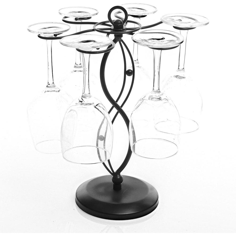 imageMyGift 6Hook Rotating Wine Glass Rack with Sturdy Base ampamp Scrollwork Design Black Metal Countertop Stemware Holder RustResistant SpaceSaving Storage for Kitchen Bar Dining Table 1375quot HBlack