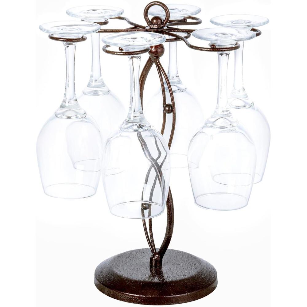 imageMyGift 6Hook Rotating Wine Glass Rack with Sturdy Base ampamp Scrollwork Design Black Metal Countertop Stemware Holder RustResistant SpaceSaving Storage for Kitchen Bar Dining Table 1375quot HBronze