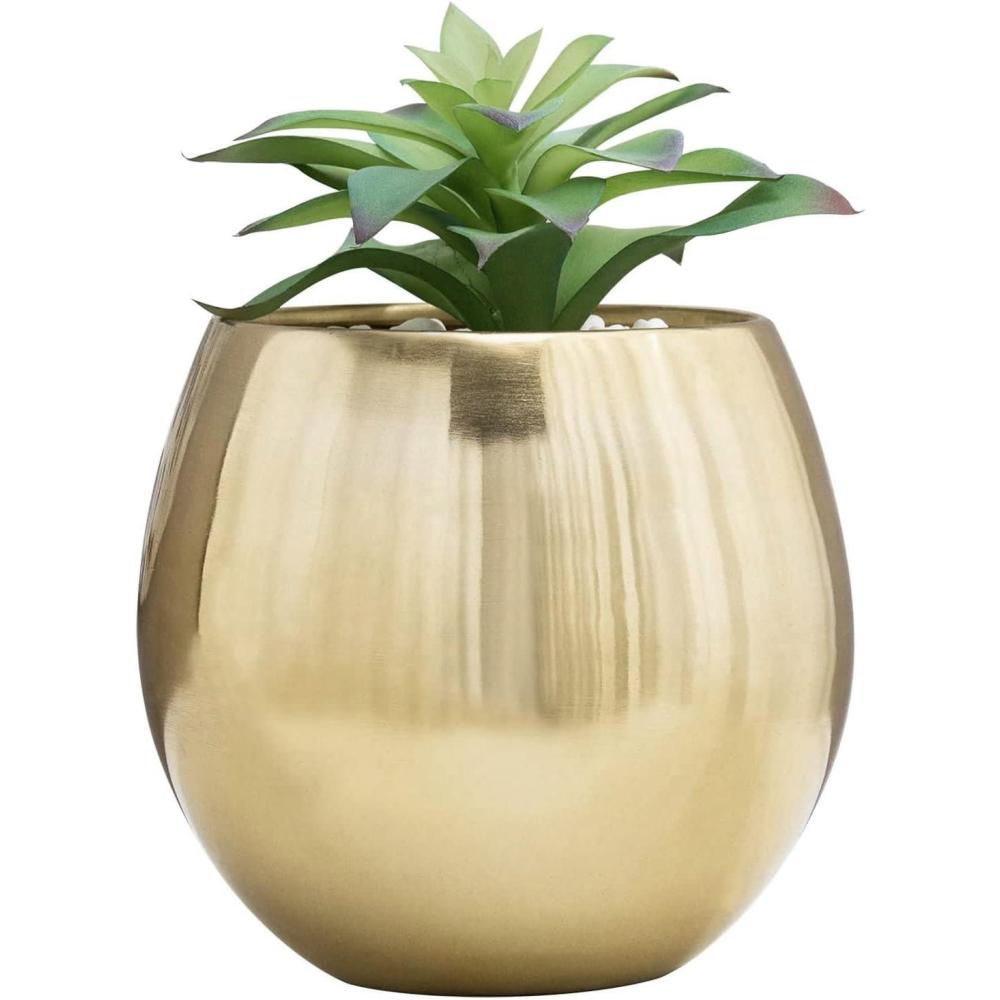 imageMyGift 6Inch Brushed Brass Plated Metal Table Vase Round BowlShaped Succulent Planter Pot Handcrafted in India