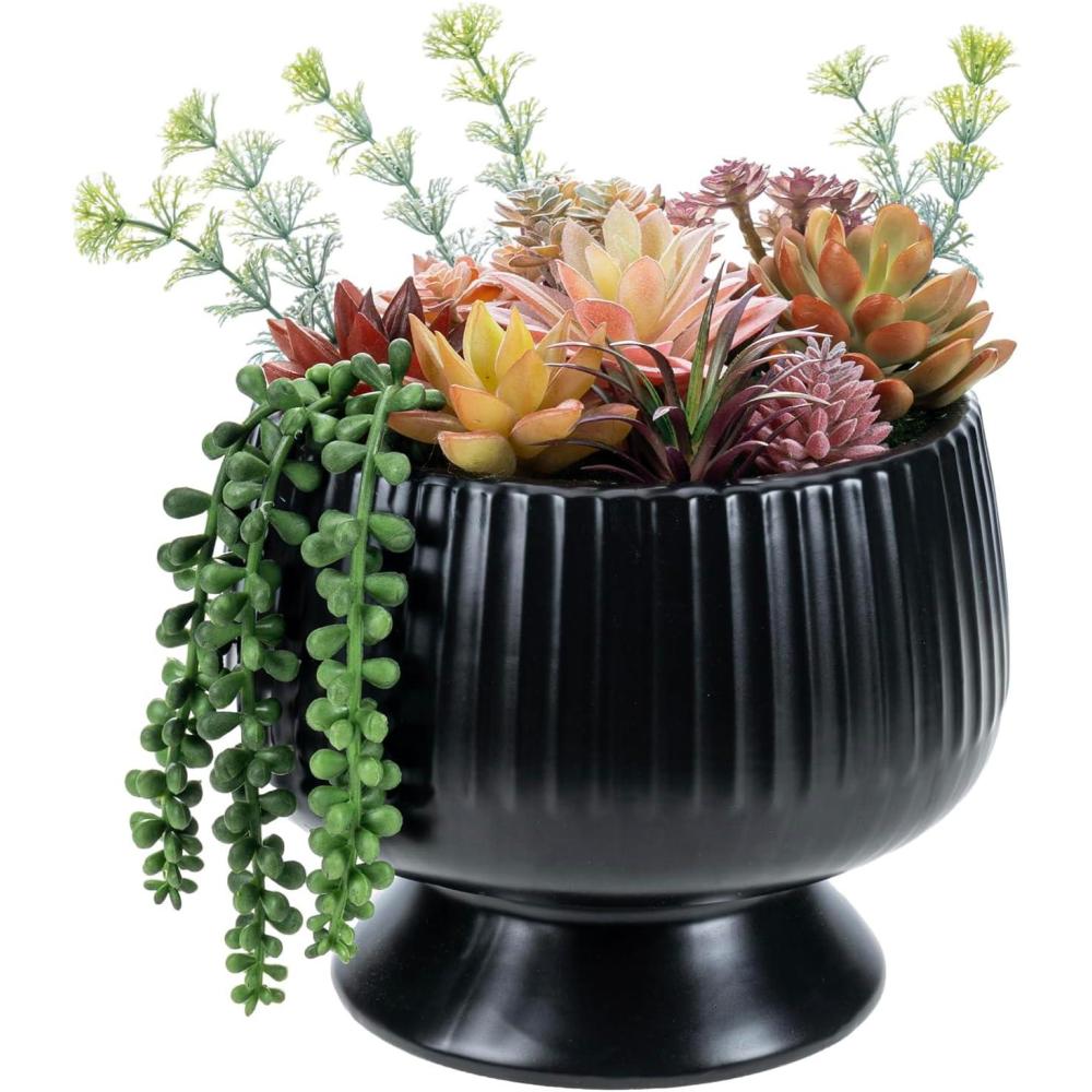 imageMyGift 8 Inch Round Modern Artificial Succulent Arrangement Potted in Gray Concrete Plant Bowl Assorted Faux Mini Succulents in a Decorative Planter PotRed