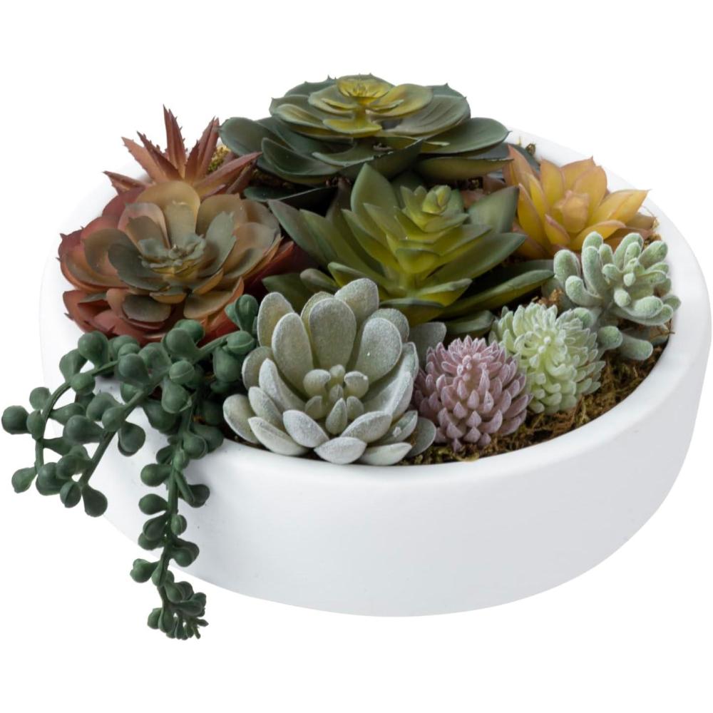 imageMyGift 8 Inch Round Modern Artificial Succulent Arrangement Potted in Gray Concrete Plant Bowl Assorted Faux Mini Succulents in a Decorative Planter PotWhite