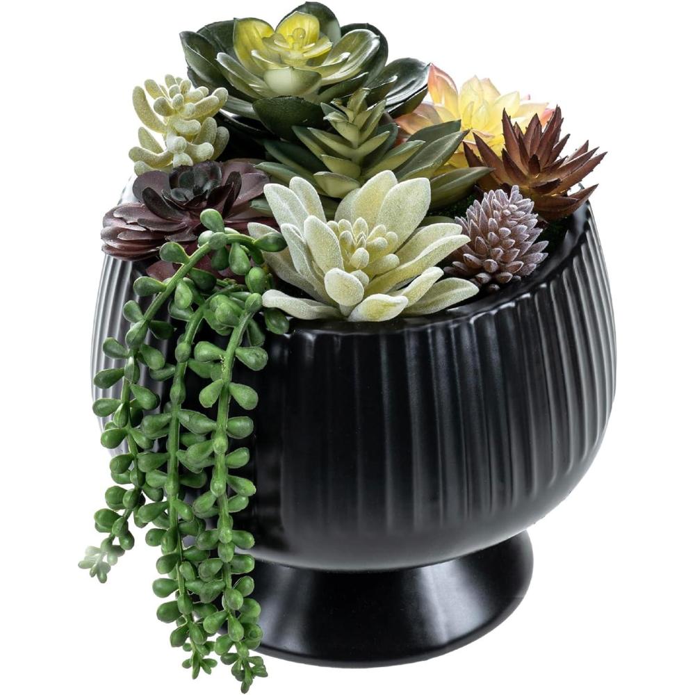 imageMyGift 8 Inch Round Modern Artificial Succulent Arrangement Potted in Gray Concrete Plant Bowl Assorted Faux Mini Succulents in a Decorative Planter PotGreen