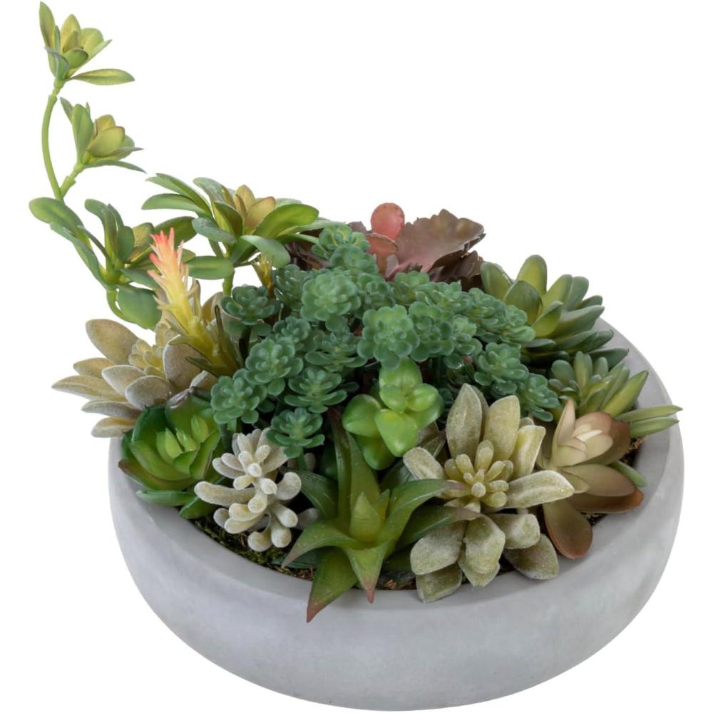 imageMyGift 8 Inch Round Modern Artificial Succulent Arrangement Potted in Gray Concrete Plant Bowl Assorted Faux Mini Succulents in a Decorative Planter PotDark Grey