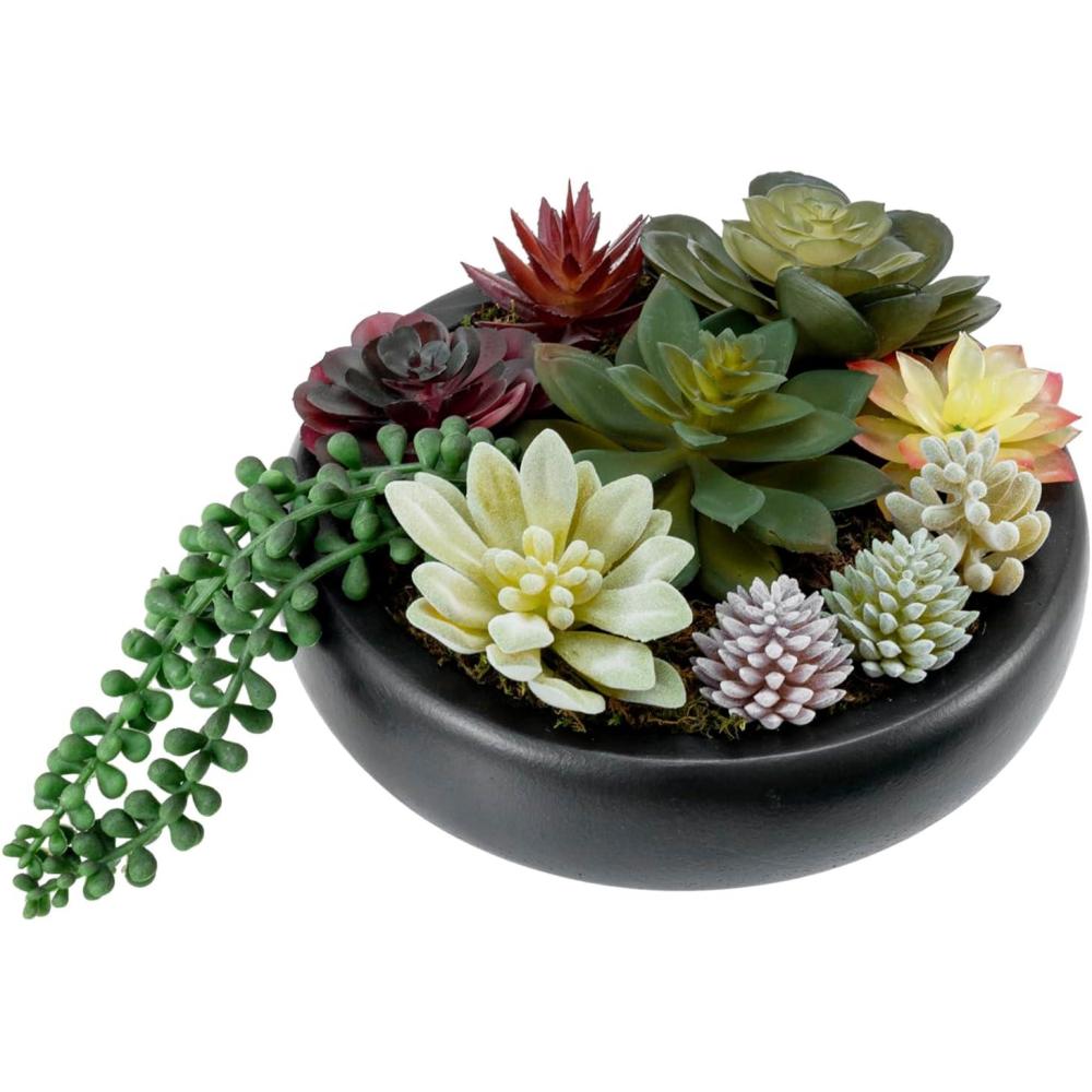 imageMyGift 8 Inch Round Modern Artificial Succulent Arrangement Potted in Gray Concrete Plant Bowl Assorted Faux Mini Succulents in a Decorative Planter PotBlack