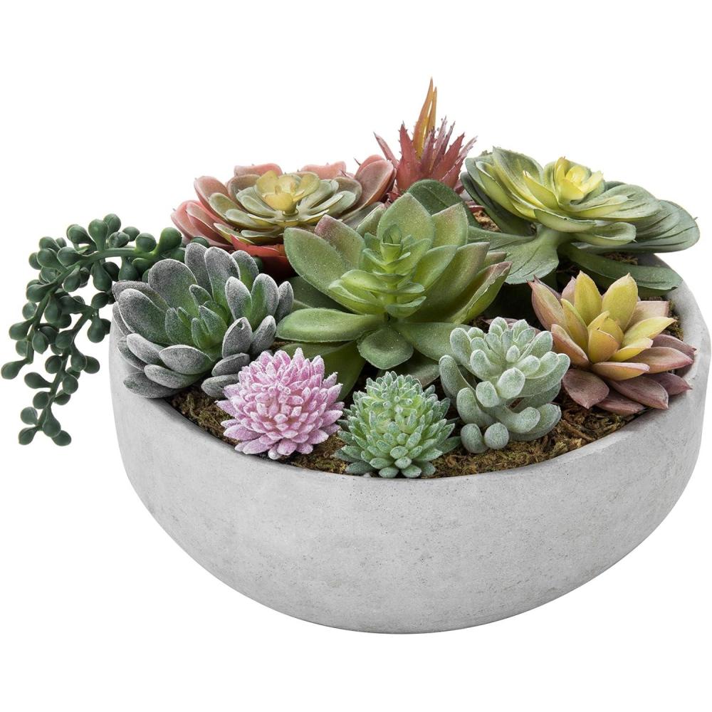 imageMyGift 8 Inch Round Modern Artificial Succulent Arrangement Potted in Gray Concrete Plant Bowl Assorted Faux Mini Succulents in a Decorative Planter PotGrey