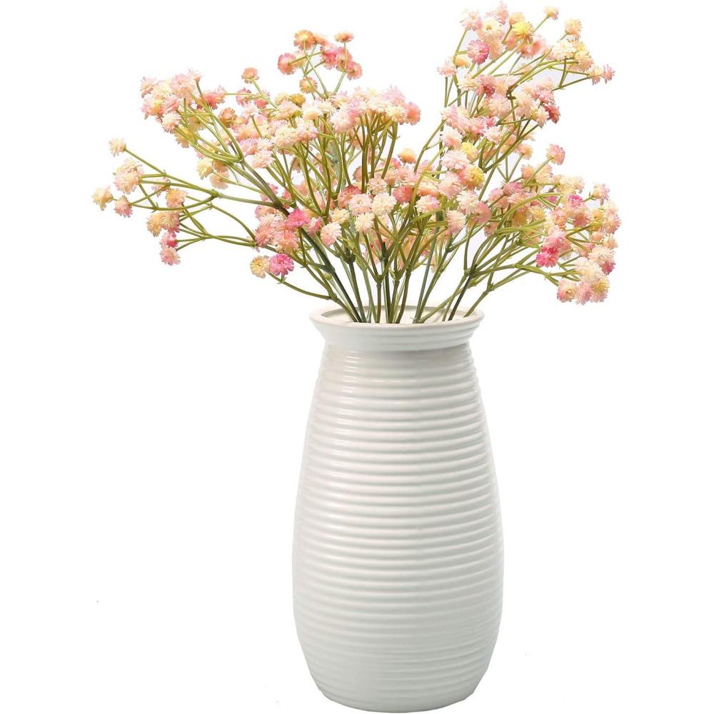 imageMyGift 8 inch Modern Ceramic Vase White Ribbed Decorative Tabletop Floral Centerpiece Home Decor Decoration Vase